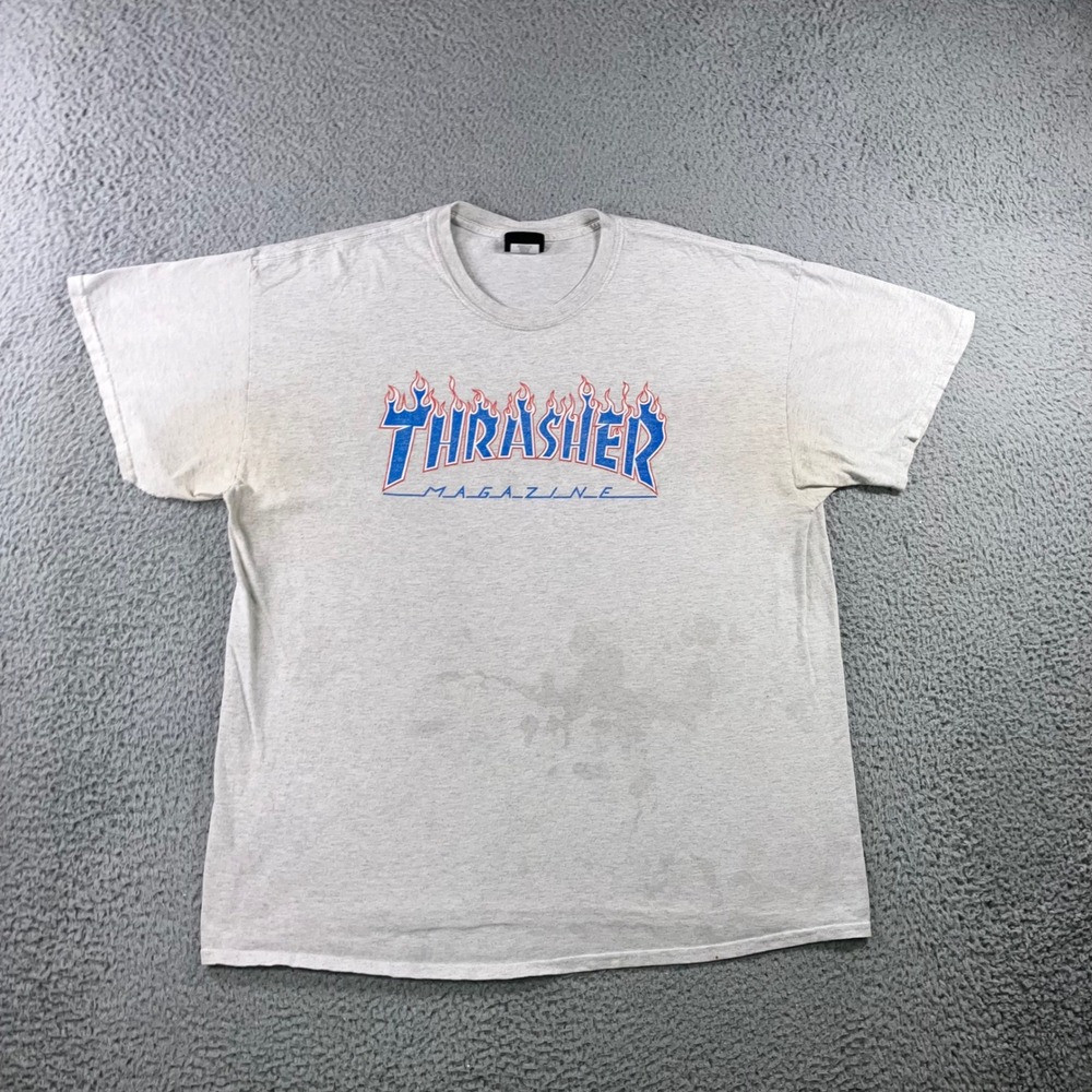 Thrasher Magazine T-Shirt Mens XL Gray‎ Flame Logo Graphic Distressed Thrashed